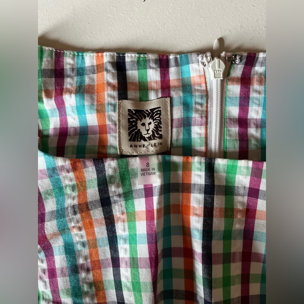 NWT Anne Klein Sleeveless Seersucker Multi Color Plaid Sundress Dress Tie Waist - Picture 2 of 6